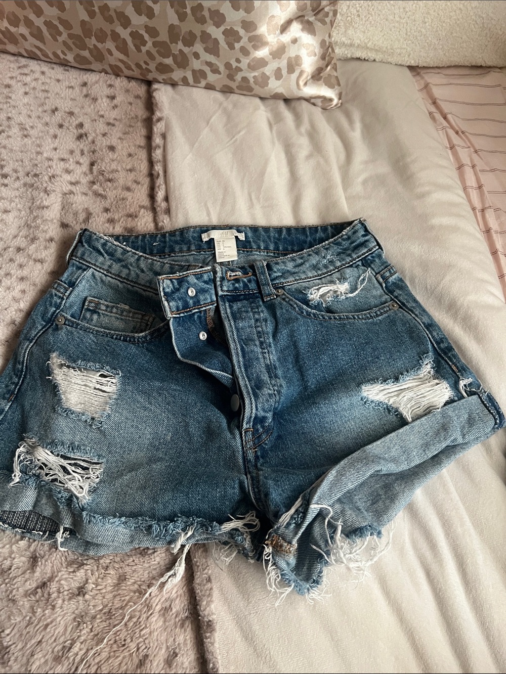 H & M High-Waist Distressed Denim Cutoff Shorts - Blue